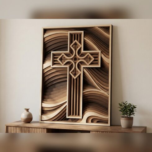 Multilayer Cross Mandala Wall Art #2 – Ornate Cross Wave Panel, 8-Layer Laser Cut SVG DXF cover image.