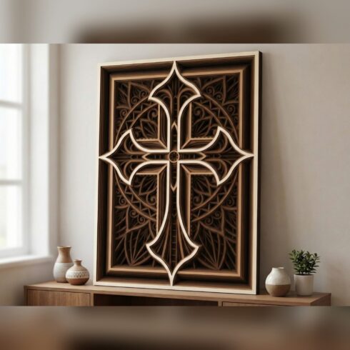 Multilayer Cross Mandala Wall Art #4 – Gothic Arrow Cross Panel, 8-Layer Laser Cut SVG DXF cover image.