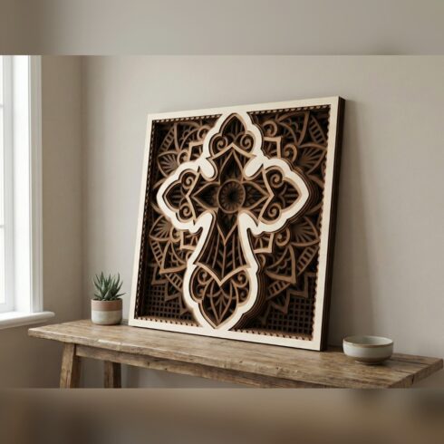 Multilayer Cross Mandala Wall Art #5 – Scalloped Cross Square Panel, 8-Layer Laser Cut SVG DXF cover image.
