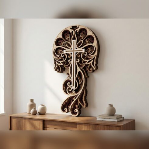 Multilayer Cross Mandala Wall Art #6 – Crest and Vine Cross, 8-Layer Laser Cut SVG DXF cover image.