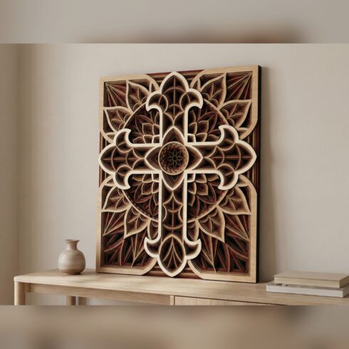Multilayer Cross Mandala Wall Art #9 ā Trefoil Cross With Leaves, 8-Layer Laser Cut SVG DXF cover image.
