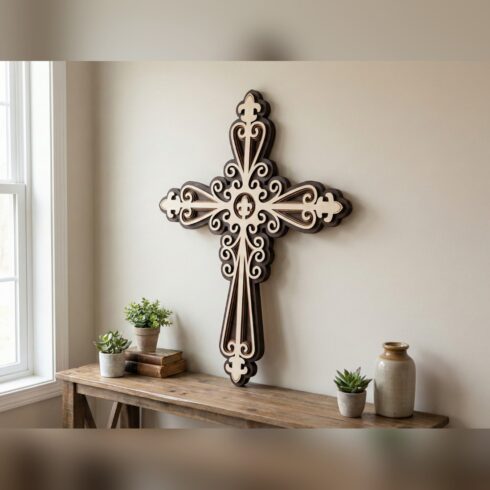 Multilayer Cross Wall Art #1 – Slender Fleur Scroll Cross, 5-Layer Laser Cut SVG DXF cover image.