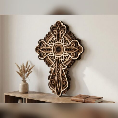 Multilayer Cross Wall Art #2 – Lobed Sunburst Rosette Cross, 7-Layer Laser Cut SVG DXF cover image.
