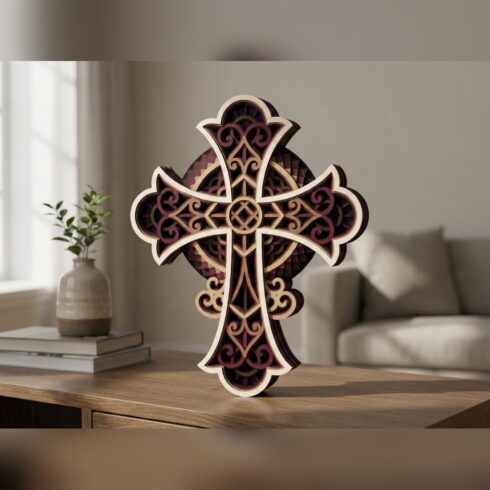 Multilayer Cross Wall Art #4 – Flared Cross With Halo Disc, 7-Layer Laser Cut SVG DXF cover image.