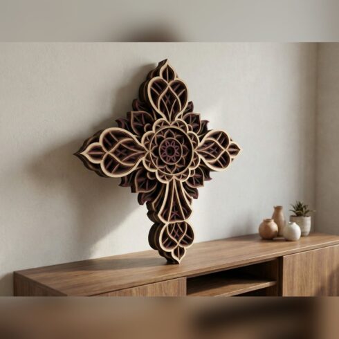 Multilayer Cross Wall Art #5 – Petal Arm Mandala Cross, 7-Layer Laser Cut SVG DXF cover image.