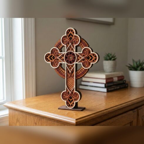 Multilayer Cross Wall Art #6 – Budded Celtic Ring Cross, 6-Layer Laser Cut SVG DXF cover image.