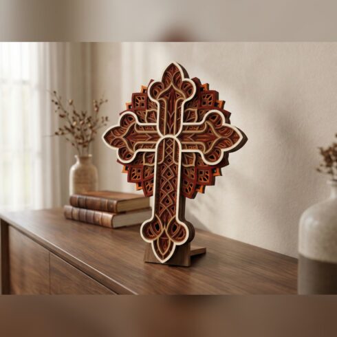 Multilayer Cross Wall Art #7 – Ogee Tip Starburst Cross, 7-Layer Laser Cut SVG DXF cover image.
