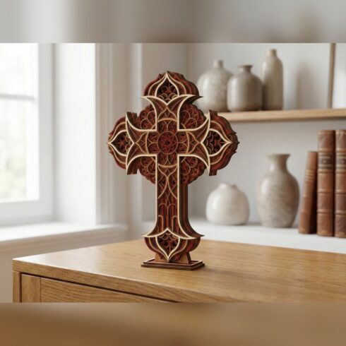 Multilayer Cross Wall Art #8 – Spade Tip Star Medallion Cross, 7-Layer Laser Cut SVG DXF cover image.