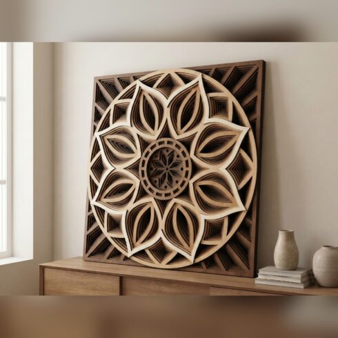 Multilayer Flower Mandala Wall Art #2 – Leaf Bloom Square Panel, 8-Layer Laser Cut SVG DXF cover image.