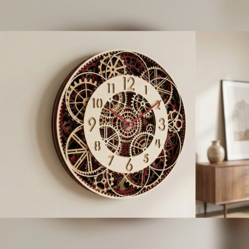 Multilayer Gear Clock #10 – Steampunk Gear Dial Clock, 5-Layer Laser Cut SVG DXF cover image.