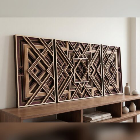 Multilayer Geometric Wall Art #2 – Three-Section Diamond Grid, 9-Layer Laser Cut SVG DXF cover image.