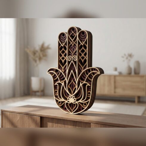 Multilayer Hamsa Mandala Wall Art – Lotus Palm Hamsa, 6-Layer Laser Cut SVG DXF cover image.