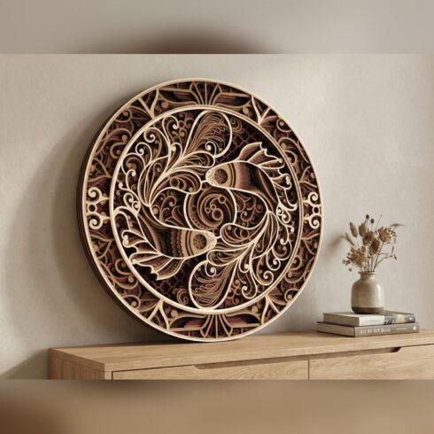 Multilayer Koi Fish Mandala Wall Art – Circling Koi and Waves, 9-Layer Laser Cut SVG DXF cover image.