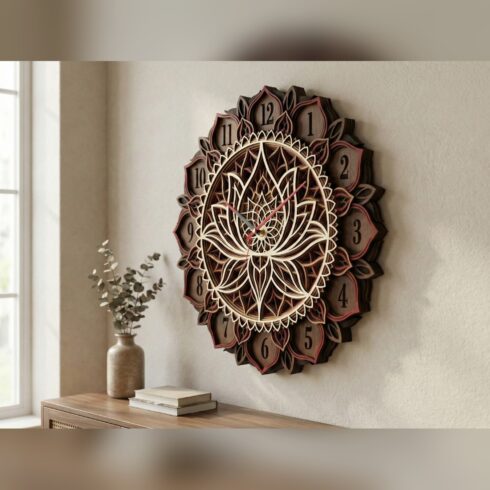 Multilayer Lotus Mandala Clock #11 – Lotus Bloom Petal Ring Clock, 6-Layer Laser Cut SVG DXF cover image.