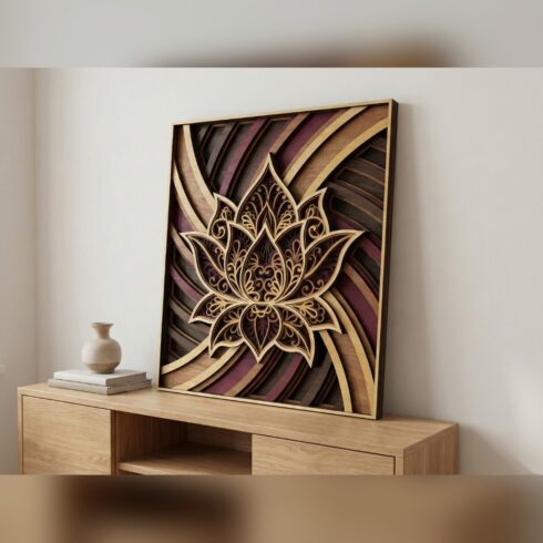 Multilayer Lotus Mandala Wall Art #1 – Lotus on Sweeping Bands, 7-Layer Laser Cut SVG DXF cover image.