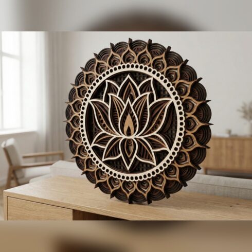 Multilayer Lotus Mandala Wall Art #2 – Sunburst-Rimmed Lotus Circle, 5-Layer Laser Cut SVG DXF cover image.
