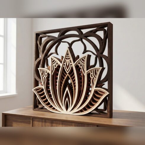 Multilayer Lotus Mandala Wall Art #4 – Lotus Under Arched Lattice, 6-Layer Laser Cut SVG DXF cover image.