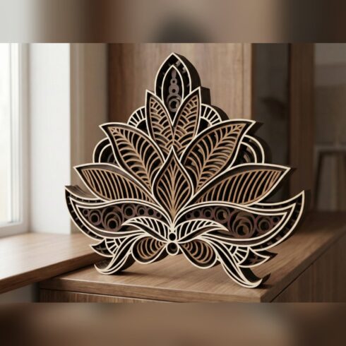 Multilayer Lotus Mandala Wall Art #5 – Crowned Lotus Silhouette, 5-Layer Laser Cut SVG DXF cover image.