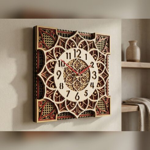 Multilayer Mandala Clock #3 – Wide Dial Lotus Square Clock, 5-Layer Laser Cut SVG DXF cover image.