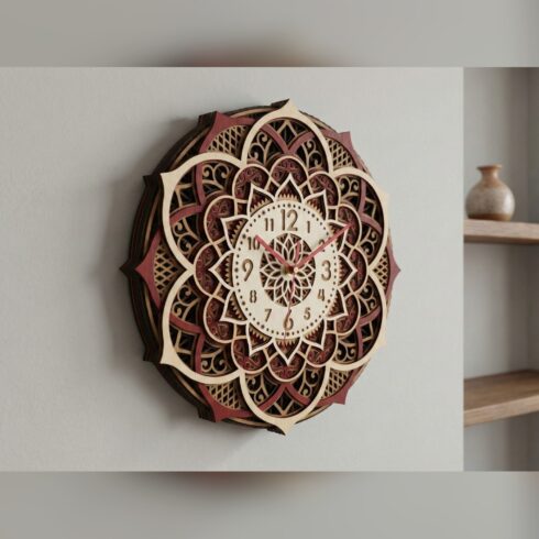 Multilayer Mandala Clock #6 – Interlaced Petal Arch Clock, 6-Layer Laser Cut SVG DXF cover image.
