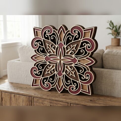 Multilayer Mandala Wall Art #14 – Spiral Scroll Cross Square, 5-Layer Laser Cut SVG DXF cover image.