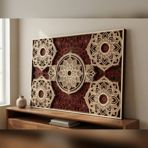 Multilayer Mandala Wall Art #2 – Five Medallion Wide Panel, 6-Layer Laser Cut SVG DXF cover image.