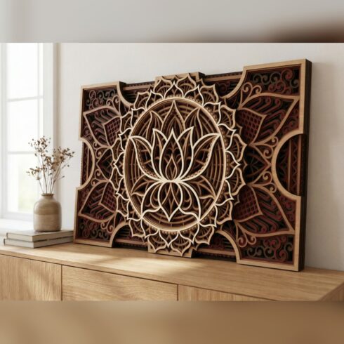 Multilayer Mandala Wall Art #3 – Lotus Circle Wide Panel, 8-Layer Laser Cut SVG DXF cover image.