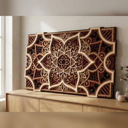 Multilayer Mandala Wall Art #30 – Lotus Star Landscape Panel, 8-Layer Laser Cut SVG DXF cover image.