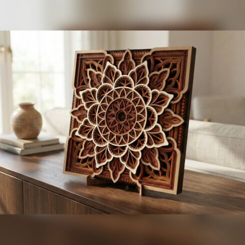 Multilayer Mandala Wall Art #39 – Layered Bloom Square Panel, 8-Layer Laser Cut SVG DXF cover image.