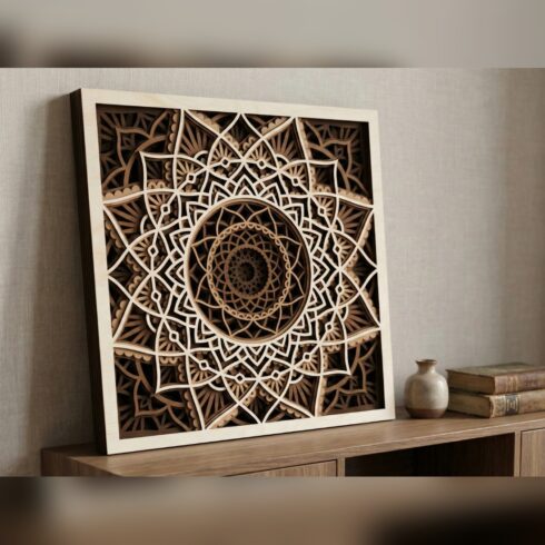 Multilayer Mandala Wall Art #4 – Geometric Star Square Panel, 6-Layer Laser Cut SVG DXF cover image.