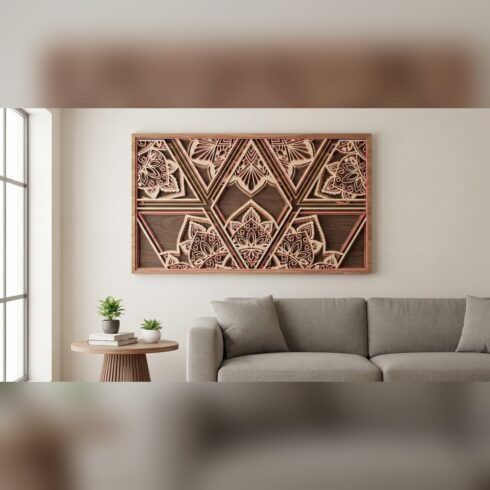 Multilayer Mandala Wall Art #5 – Triangle Mosaic Panel, 4-Layer Laser Cut SVG DXF cover image.