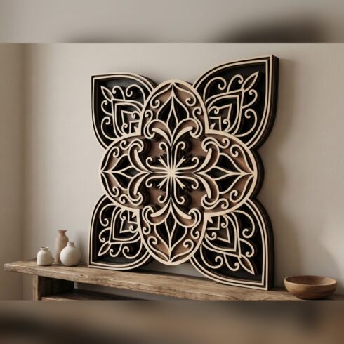Multilayer Mandala Wall Art #6 – Four-Leaf Scroll Medallion, 5-Layer Laser Cut SVG DXF cover image.