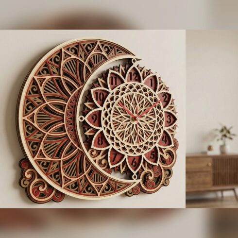 Multilayer Moon & Sun Mandala Clock #5 – Crescent Moon Sun Clock, 5-Layer Laser Cut SVG DXF cover image.