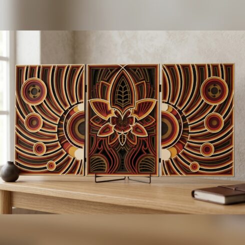 Multilayer Ornamental #4 – Lotus Triptych Sunray Panels, 6-Layer Laser Cut SVG DXF cover image.