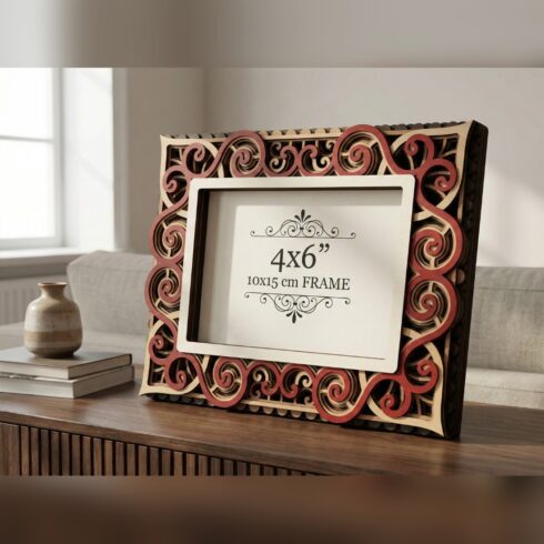 Multilayer Photo Frame with Stand #2 – Spiral Curl Wave Frame, 7-Layer Laser Cut SVG DXF cover image.