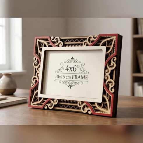 Multilayer Photo Frame with Stand #3 – Teardrop Corner Scroll Frame, 7-Layer Laser Cut SVG DXF cover image.