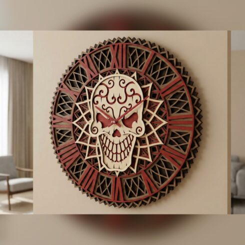 Multilayer Skull Clock #9 – Sugar Skull Roman Numeral Clock, 5-Layer Laser Cut SVG DXF cover image.