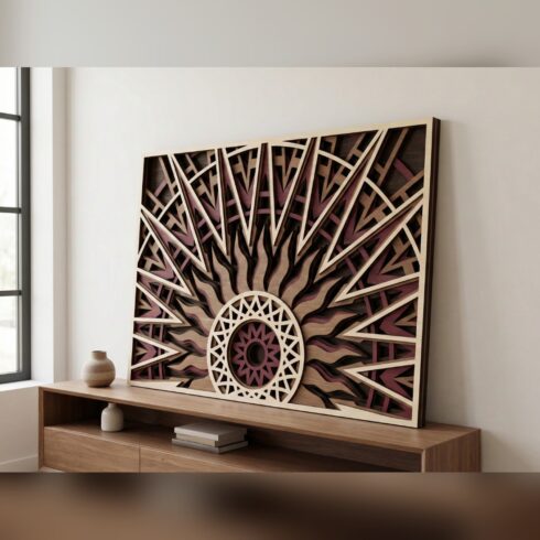 Multilayer Sun Mandala Wall Art #1 – Rising Half-Sun Panel, 4-Layer Laser Cut SVG DXF cover image.