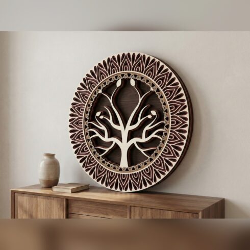 Multilayer Tree Wall Art – Tree of Life Sun Ring, 4-Layer Laser Cut SVG DXF cover image.