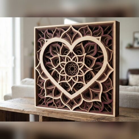 Multilayer Valentine Mandala Wall Art #2 – Heart Outline Square Panel, 8-Layer Laser Cut SVG DXF cover image.