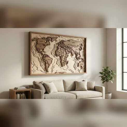 Multilayer World Map Wall Art #1 – Topographic Relief World Map, 7-Layer Laser Cut SVG DXF cover image.