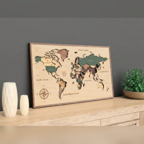 Multilayer World Map Wall Art #2 – Ocean Labels Travel Map, 7-Layer Laser Cut SVG DXF cover image.