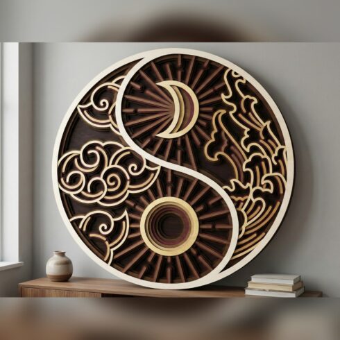 Multilayer Yin Yang Mandala Wall Art #1 – Sun Moon Cloud Yin Yang, 8-Layer Laser Cut SVG DXF cover image.
