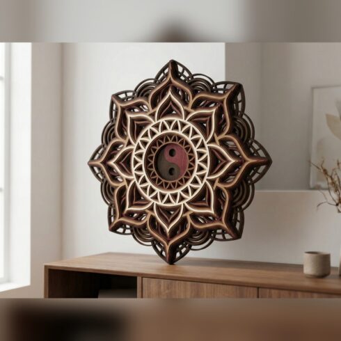 Multilayer Yin Yang Mandala Wall Art #2 – Petal Rosette Yin Yang, 6-Layer Laser Cut SVG DXF cover image.