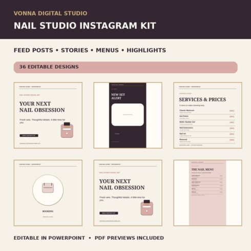 Nail Studio Instagram Templates: 24 Posts, 2 Price Menus & 10 Highlight Covers cover image.