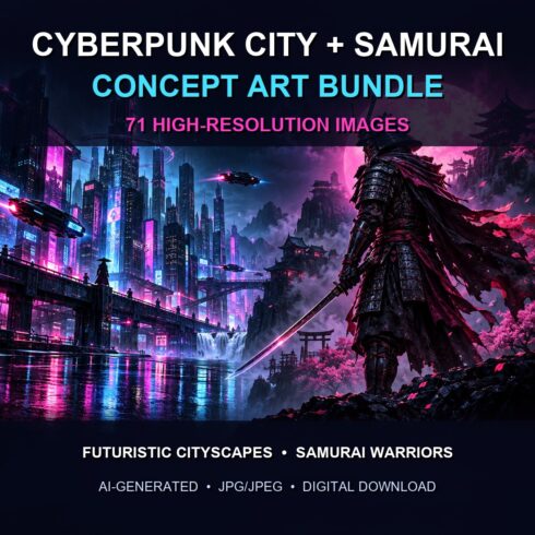 Cyberpunk City & Samurai Concept Art Bundle – 71 High-Resolution Images cover image.