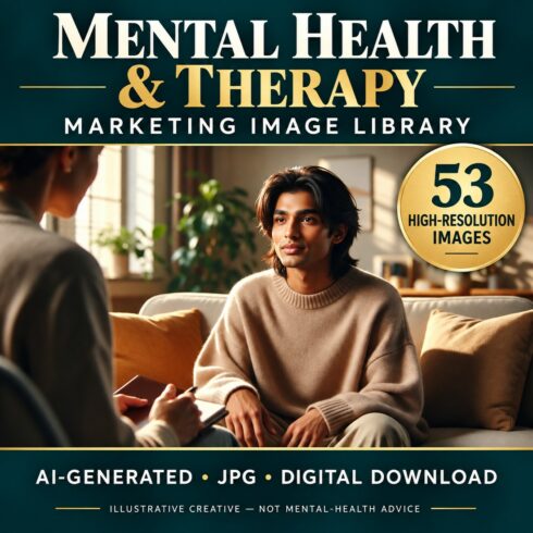Mental Health & Therapy Marketing Image Library – 53 AI-Generated Images cover image.