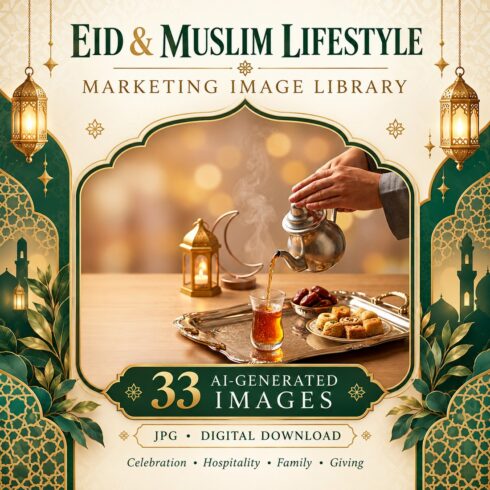 Eid & Muslim Lifestyle Marketing Image Library – 33 AI-Generated Images cover image.