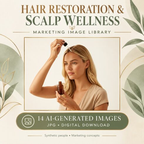 Hair Restoration & Scalp Wellness Marketing Image Library – 14 AI-Generated Images cover image.