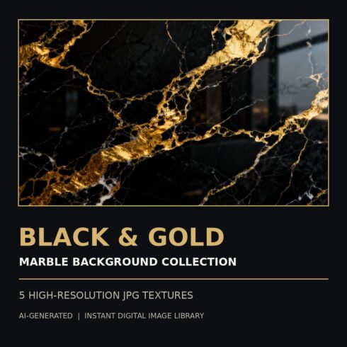 Black & Gold Marble Backgrounds – 5 Luxury JPG Textures for Branding cover image.